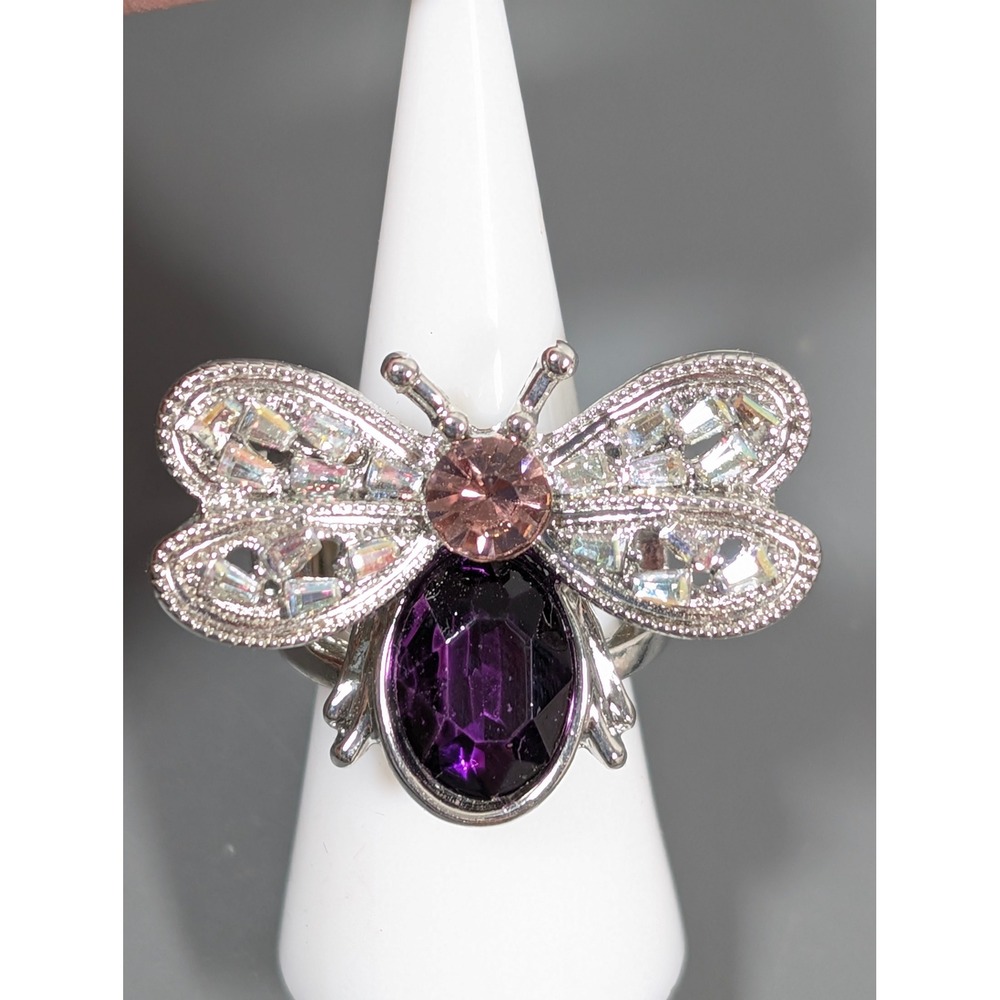 Silver Tone Purple Rhinestone Bumblebee Stretch Cocktail Ring Size 6‎ Statement